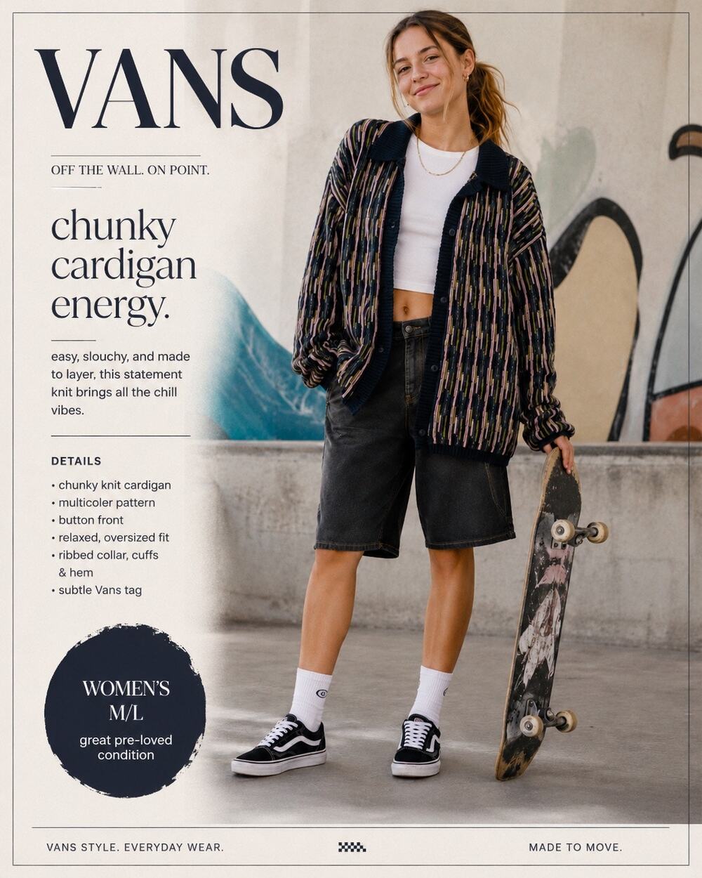 Vans Oversized Multicolor Knit Cardigan Sweater Y2K Skater Streetwear